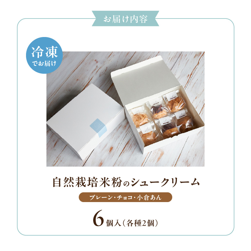 自然栽培 米粉のシュークリーム 3種 6個セット_自然栽培 米粉 シュークリーム 3種 × 2個 計 6個 セット プレーン チョコ 小倉あん 濃厚 カスタードクリーム 優しい 甘さ オーガニックチョコ 自家製 あんこ 特製 クリーム スイーツ デザート お取り寄せ 福岡県 久留米市 送料無料_Dw085