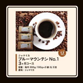 毎月届く　ブルーマウンテン300g・豆コース！3ヶ月コース(100g×3)_ブルーマウンテン No.1 ジャマイカ産 豆 100g × 3袋 計300g × 3回 3ヶ月コース 毎月届く 自家焙煎 コーヒー 珈琲の王様 高級 銘柄 シルキー 苦み 酸味 甘味 コク 焙煎 鮮度 粗挽き 細挽き 常温 お取り寄せ 福岡県 久留米市 送料無料_Ec103-B