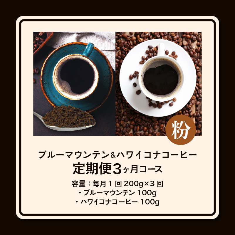 ブルーマウンテン100g＆ハワイコナコーヒー100g 定期便3ヶ月コース　粉コース_定期便 3ヶ月 コーヒー 粉 各 100g 2種 3回 計 600g ブルーマウンテン ハワイコナコーヒー 珈琲の王様 シルキーな舌触り 苦味 酸味 甘味 コク 調和がとれた味わい スッキリ 雑味の少ない フルーツ酸 特徴 酸味の女王 お取り寄せ 送料無料_Ec109-P
