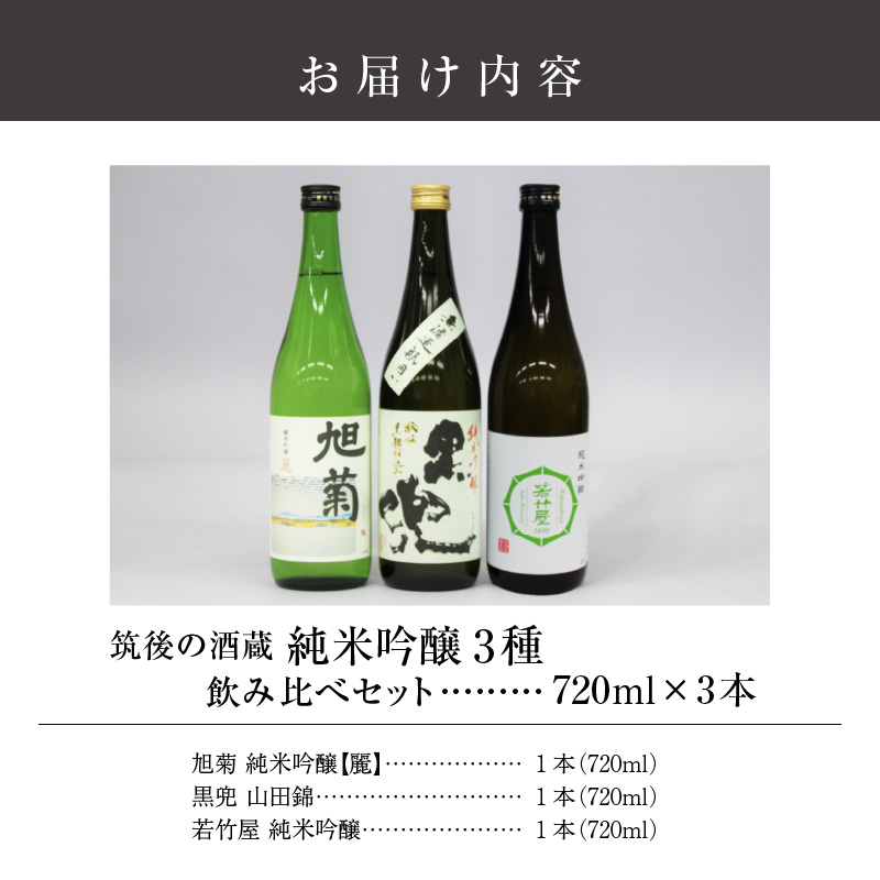 ≪地場産くるめオリジナル≫ 筑後の酒藏 純米吟醸 3種飲み比べセット（720ml×3本）_純米吟醸 飲み比べ セット 各720ml 爽やか キレのいい 旭菊 麗 焼酎 黒麹 仕込み こだわり 黒兜 山田錦 香り 喉越し 食中酒 極み 若竹屋 3種類 純米系 吟醸造り 筑後 酒藏 日本酒 酒 清酒 地酒 醸造酒 お取り寄せ 福岡県 久留米市 送料無料_Ej017