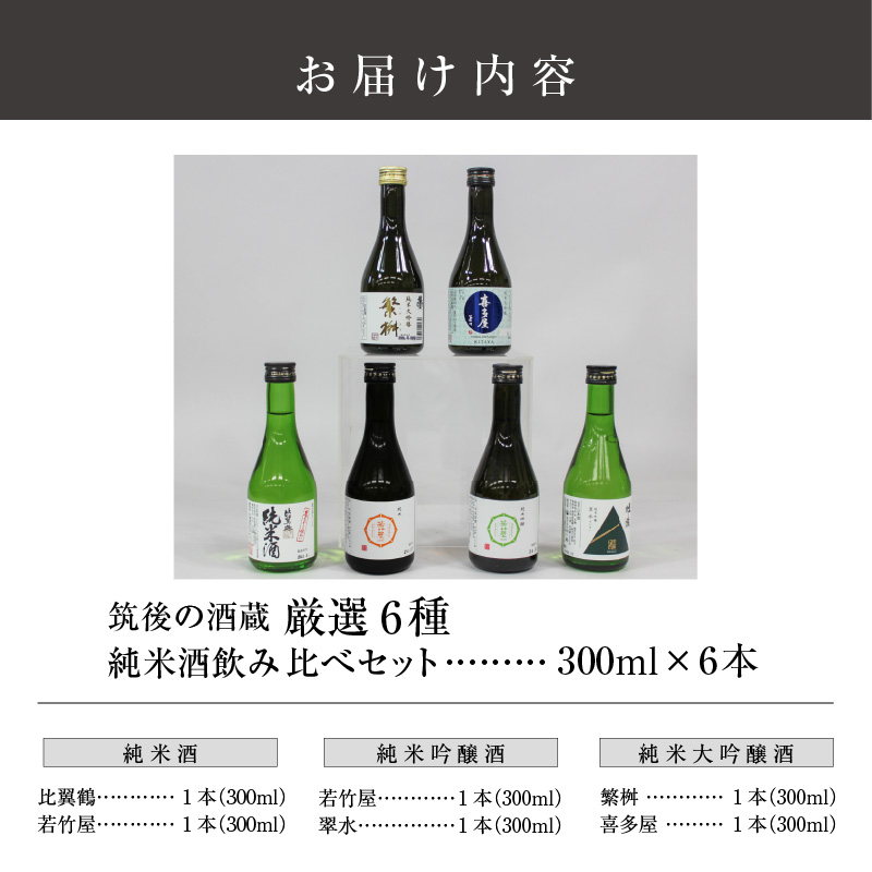 ≪地場産くるめオリジナル≫筑後の酒藏 厳選6種 純米酒飲み比べセット（300ml×6本）_純米酒 飲み比べ 300ml 6本 セット 筑後の酒蔵 若竹屋 比翼鶴 翠水 繁桝 喜多屋 大吟醸 吟醸 若竹屋酒造場 比翼鶴酒造 杜の蔵 高橋商店 福岡県 久留米市 お取り寄せ 晩酌 宅飲み 家飲み 飲料 お酒 酒 日本酒 地酒 アルコール 晩酌 福岡県 久留米市 送料無料_Ej019
