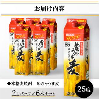 本格麦焼酎 めちゃうま麦25度2Lパック×6本セット_焼酎 麦焼酎 5年連続 金賞 福岡県酒類鑑評会 めちゃうま麦 25度 2L 6本 セット 鷹正宗 本格焼酎 プリン体糖質ゼロ 口当たり優しく まろやかな旨み 麦の香ばしさ ソフトな飲み心地 お酒 アルコール  焼酎ハイボール 福岡県 久留米市 お取り寄せ 送料無料_El017