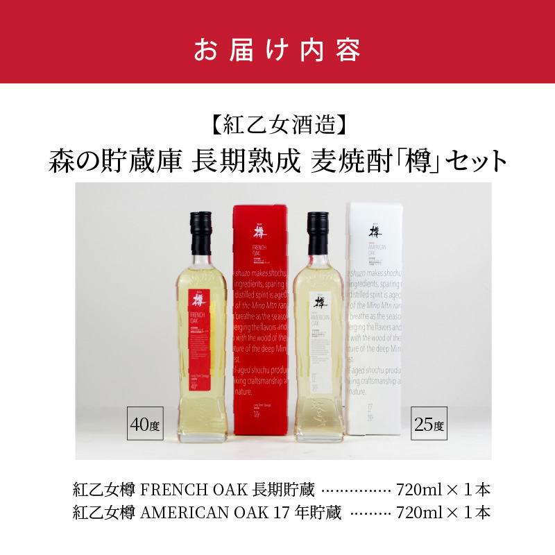 紅乙女酒造】森の貯蔵庫 長期熟成 麦焼酎「樽」セット（720ml×2本）: 久留米市ANAのふるさと納税