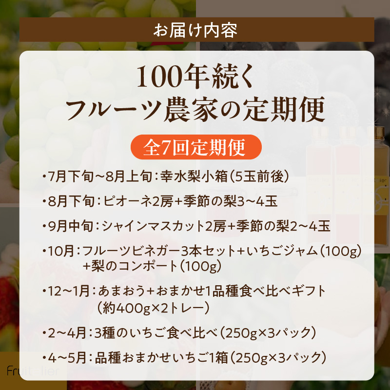 【年間7回配達】【フルトリエ】100年続くフルーツ農家の定期便_定期便 7回 贈答用 フルーツ セット 詰め合せ 幸水梨 ピオーネ シャインマスカット フルーツビネガー いちごジャム 梨のコンポート あまおう いちご 食べ比べ ギフト 果物 朝採れ 冷蔵 送料無料 100年続くフルーツ農家 フルトリエ 中村果樹園_Fx012
