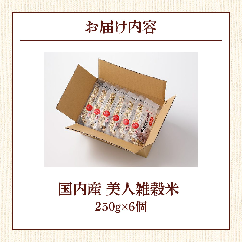 国内産 美人雑穀米 250g×6個 計1500g_雑穀米 国内産 250g × 6個 お届け回数 1回 美人雑穀米 雑穀 12種 ブレンド 混ぜて炊くだけ 冷めても美味しい 胚芽押麦 もち玄米 発芽 玄米 もち黒米 ハト麦 もち麦 もちきび 黒大豆 もちあわ 簡単 主食 おにぎり 弁当 ふっくら もちもち_Gr009 1回お届け：6個