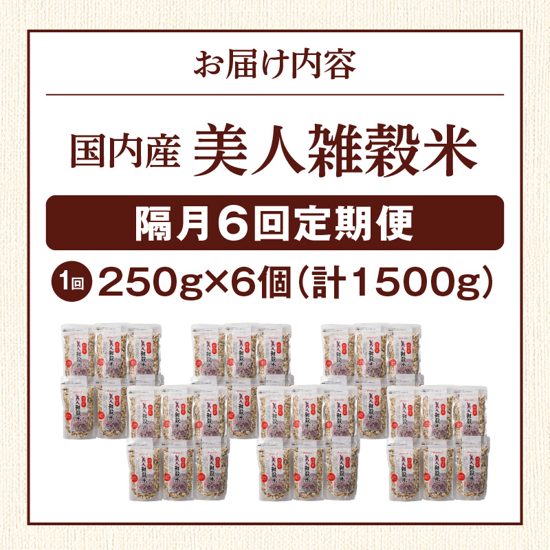 【隔月6回　定期便】国内産 美人雑穀米 250g×6個 1500g×6回_雑穀米 国内産 250g × 6個 お届け回数 6回 美人雑穀米 雑穀 12種 ブレンド 混ぜて炊くだけ 冷めても美味しい 胚芽押麦 もち玄米 発芽 玄米 もち黒米 ハト麦 もち麦 もちきび 黒大豆 もちあわ 簡単 主食 おにぎり 弁当 ふっくら もちもち_Tk028 定期便：（2ヶ月に一度）×6回