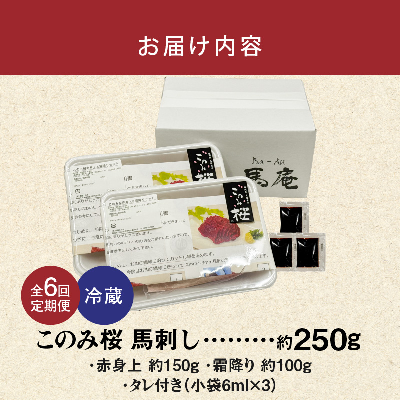 このみ桜　馬刺し　赤身上・霜降りセット　6回定期便_このみ桜 馬刺し 赤身上 約 150g 霜降り 約 100g 2種類 セット 定期便 6回 食べ比べ オリジナルブランド 旨味 とろけるような食感 赤身 上質 冷蔵配送 馬庵このみ 馬肉 生肉 肉 おつまみ スライス 福岡県 久留米市 お取り寄せ 送料無料_Tk036 赤身上･霜降りセット約250g×6回