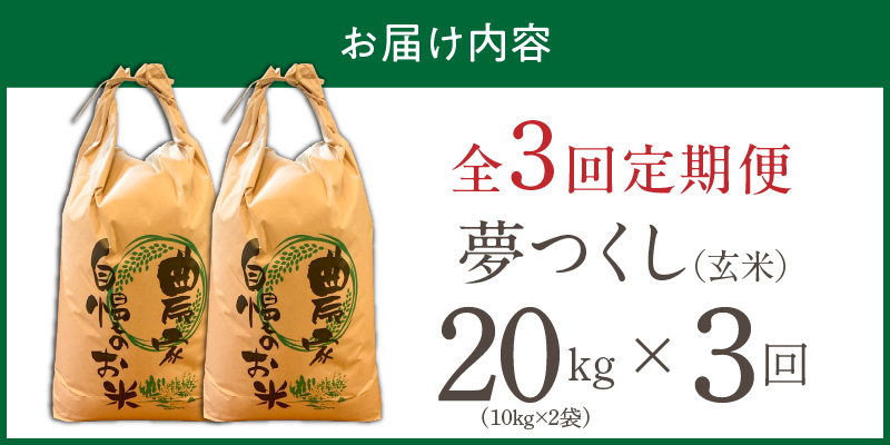 【定期便3回】【令和8年産 新米】福岡県産ブランド米夢つくし 玄米 20kg×3回 _ 【令和8年産 新米】 夢つくし 20kg 3回 定期便 福岡県産 久留米産 ブランド米 品種 艷やか 光沢 やわらかい 食感 米 ご飯 おにぎり 弁当 食品 お取り寄せ 福岡県 久留米市 送料無料 _Tk109-03 3回