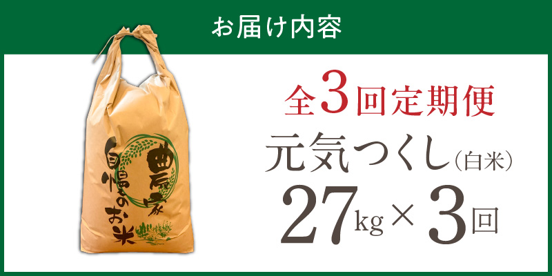 【定期便3回】【令和8年産 新米】福岡県産ブランド米元気つくし 白米 27kg×3回 _  元気つくし 27kg  お届け回数 3回 定期便 福岡県産 ブランド米 精米 新米 福岡生まれ 品種 香り豊か ふっくら 食感 ご飯 白ご飯 おにぎり 弁当 お米 食品 お取り寄せ 九州 久留米市産 福岡県 久留米市 送料無料 _Tk114-03 3回