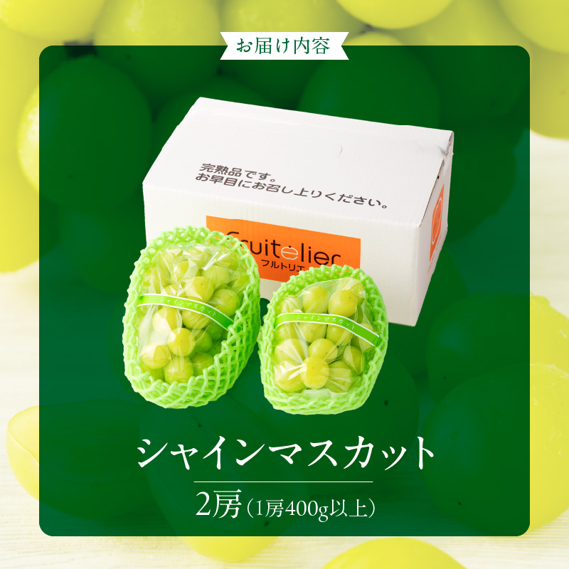 【2025年11月よりお届け】冬にお届け！シャインマスカット×2房_冬にお届け！ シャインマスカット 400g以上 × 2房 冷蔵技術 冬でも美味しい 皮ごと食べる 贈答用 おすすめ 国産 ぶどう マスカット 果物 フルーツ 果実 食品 食べ物 おやつ デザート グルメ お取り寄せ お取り寄せグルメ 福岡県 久留米市 送料無料_Fg011