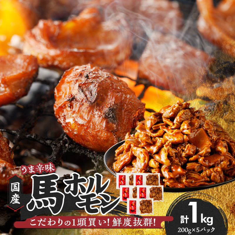 【馬肉】 国産馬ホルモン《旨辛味》《200g入り×5P》_国産 馬ホルモン 旨辛味 200g × 5パック 小分け 福岡県産 ホルモン 化粧箱入り 馬刺しタレ付き やみつき うま辛 鮮度抜群 真空包装 急速冷凍 福岡県 久留米市 お取り寄せ グルメ ご飯のお供 おかず おつまみ 炒め物 焼きそば 焼肉 肉 馬肉 冷凍 送料無料_Ax305
