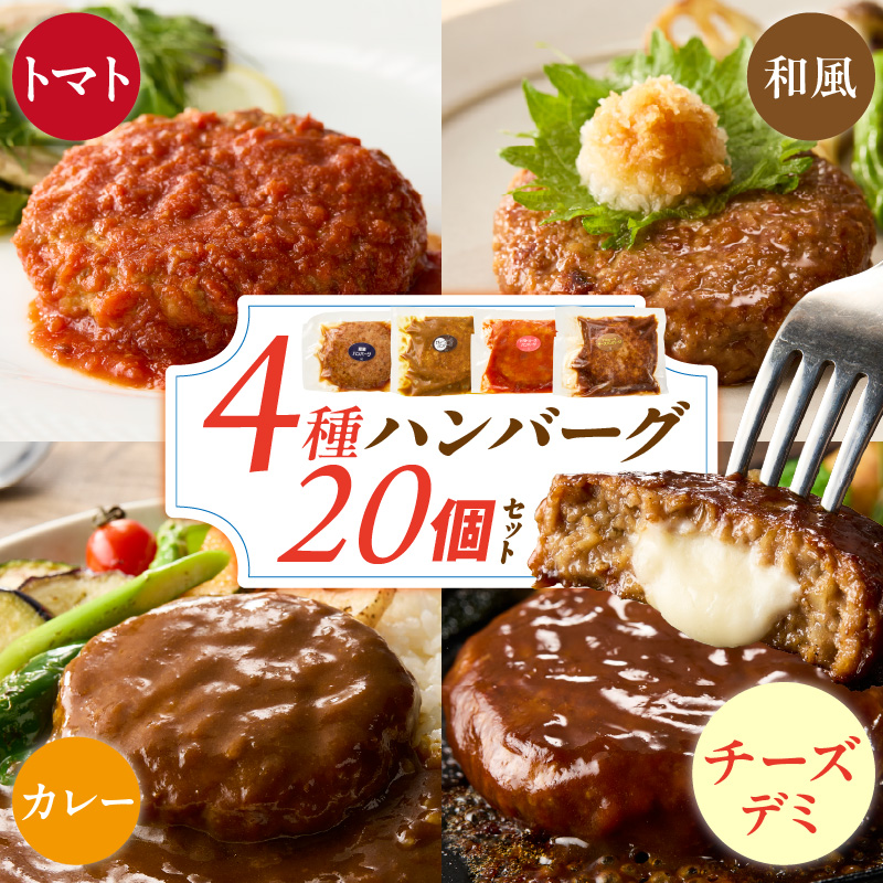 【2026年3月お届け】ハンバーグ食べ比べ20個セット _ ハンバーグ 4種 20個 チーズデミ 和風 トマトソース カレーソース 各5個 冷凍 温めるだけ 湯煎 電子レンジ 個包装 小分け 食べ比べ チーズインハンバーグ 夕食 おかず お弁当 簡単調理 時短 お取り寄せ グルメ 福岡県 久留米市 送料無料 _Ax405-m03 3月