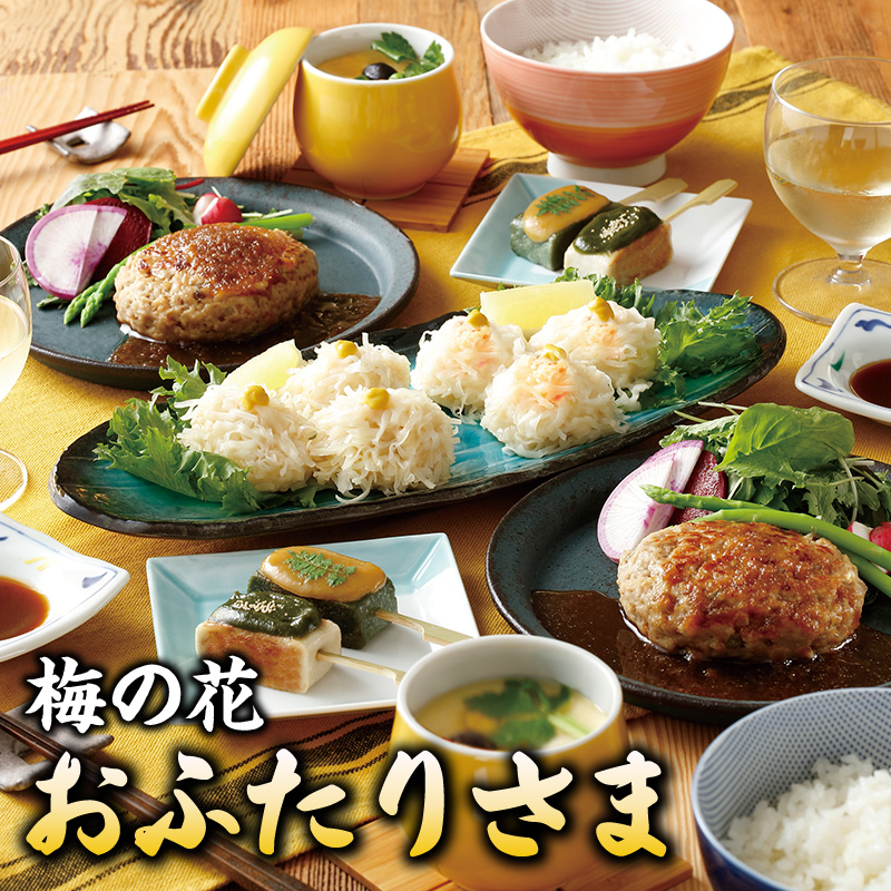 梅の花 おふたりさま_梅の花 2人分 惣菜 とうふしゅうまい かにしゅうまい 茶碗蒸し ミニ生麩 木の芽みそ 柚子みそ 豆腐 ハンバーグ 久留米ソース 冷凍 冷凍保存 おふたりさま 中華 和食 セット 自宅のストック お祝い ギフト 福岡 久留米市 お取り寄せ 送料無料_Cx227