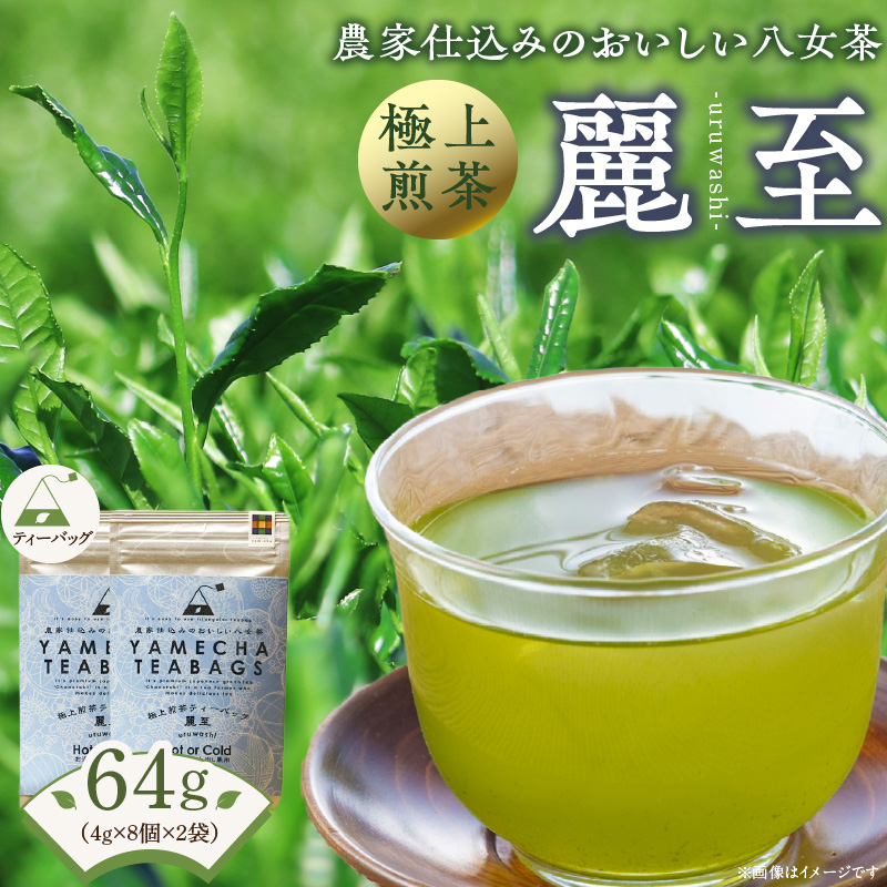 原田茶園　　極上煎茶ティーバッグ　麗至64g　(4g×8)×2袋_農林水産大臣賞受賞 極上煎茶 ティーバッグ 麗至 32g × 2袋 計64g 八女茶 濃厚 旨み 甘味 まろやか コク こだわり カテキン 抗酸化作用 リラックス効果 疲労回復効果 お茶 煎茶 日本茶 緑茶 茶 お取り寄せ ご当地茶 福岡県 久留米市 送料無料_Ex223