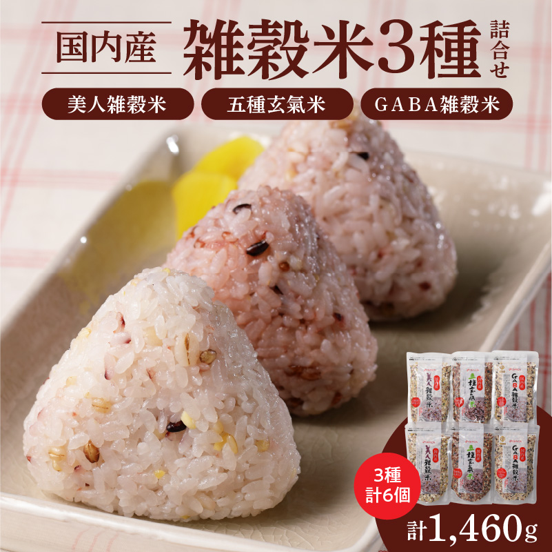 国内産 雑穀米3種詰め合わせ （GABA雑穀米・美人雑穀米・五種玄氣雑穀米　各2個）_米 雑穀米 おいしい 3種 6パック 詰め合わせ セット 1460g 1回 国内産 体にやさしい 混ぜて炊くだけ 主食 おにぎり 冷めても美味しい お弁当 ブレンド 日本雑穀アワード 2年連続 金賞 GABA雑穀米 美人雑穀米 五種玄氣米 送料無料_Gr013 1回お届け：6個