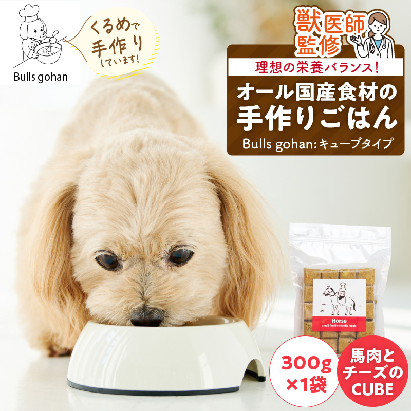 ペットフード 無添加ドッグフード・ブルズごはんCUBEタイプ 300g×1袋(馬)_CUBE型 20個入×1袋 無添加ドッグフード 1袋300g 馬肉 国産 手作り アレルギー ウェット 子犬 シニア犬 冷凍 ヒューマングレード 老犬 小型犬 お試し 選べる ペットフード ブルズごはん_Pf001-1 馬（300g×1袋）