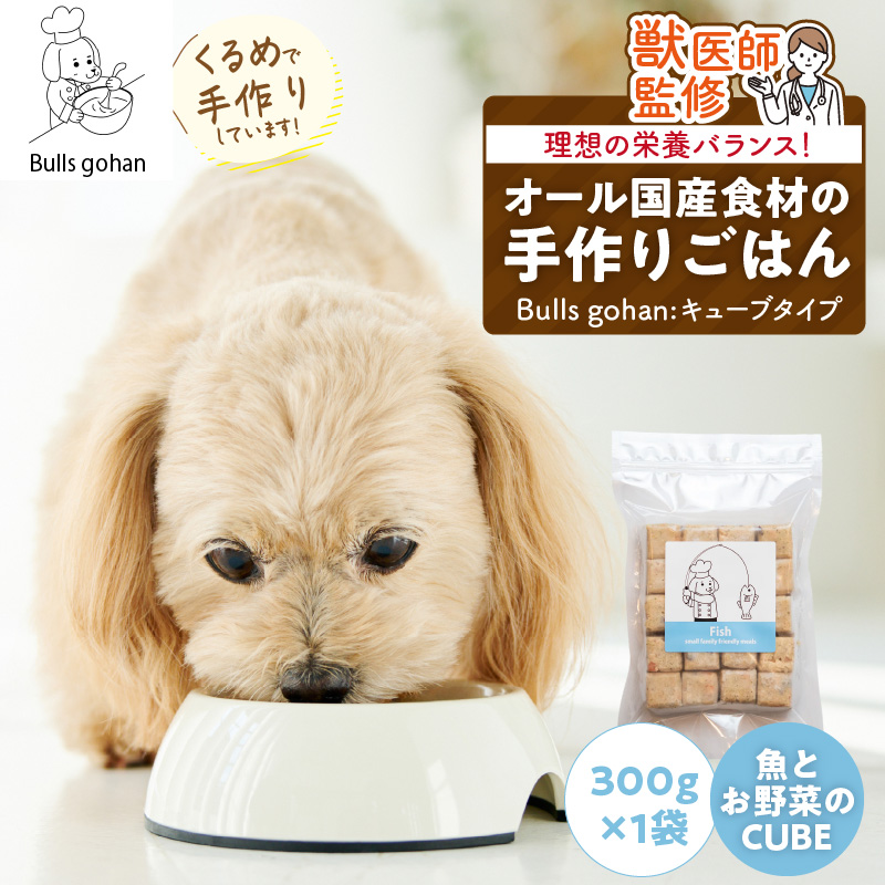 ペットフード 無添加ドッグフード・ブルズごはんCUBEタイプ 300g×1袋(魚)_CUBE型 20個入×1袋 無添加ドッグフード 1袋300g 魚 国産 手作り アレルギー ウェット 子犬 シニア犬 冷凍 ヒューマングレード 老犬 小型犬 お試し 選べる ペットフード ブルズごはん_Pf001-5 魚（300g×1袋）