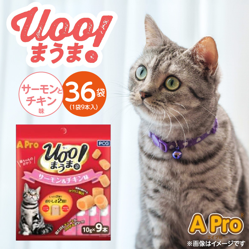 A Pro 猫用おやつ Uoo!まうま（サーモン＆チキン味）9本×36袋_A Pro 猫用 おやつ Uoo!まうま 9本 × 36袋 計 324本 選べる セット内容 サーモンとチキン キュート コロコロ形状 しっとり 2層 健康維持 サポート お手軽 多頭飼い キャットフード 福岡県 久留米市_Pf043-03 サーモン＆チキン味