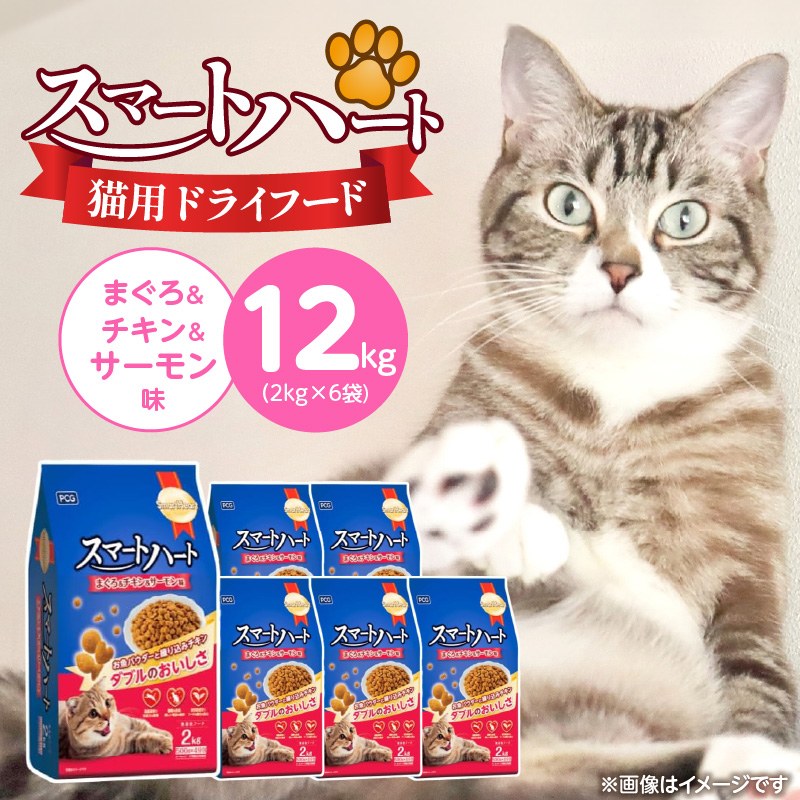 スマートハート 猫用 ドライフード（まぐろ＆チキン＆サーモン味）2kg×6袋_スマートハート 猫用 ドライフード 2kg × 6袋 計 12kg まぐろ＆チキン＆サーモン味 オールステージ用 総合栄養食 健康 サポート キャットフード 猫 福岡県 久留米市_Pf071-01 まぐろ＆チキン＆サーモン味