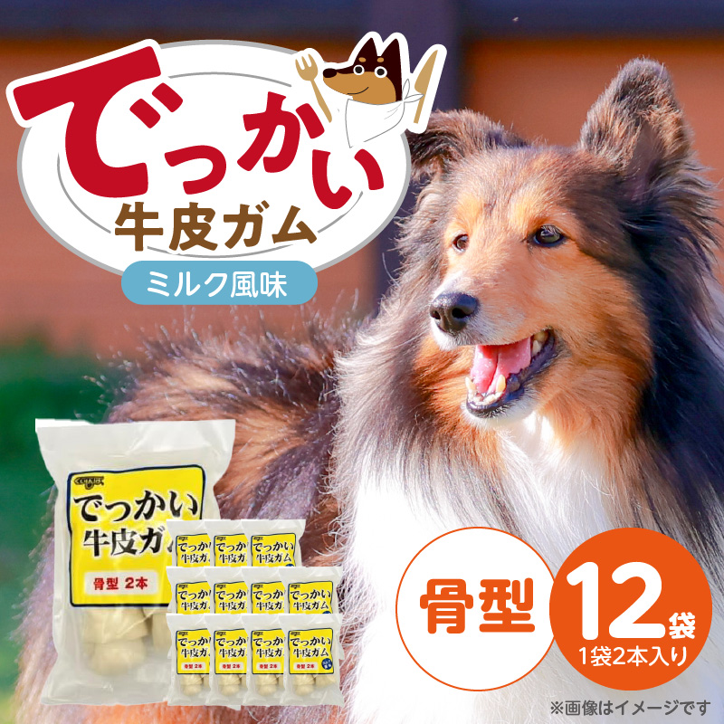 でっかい牛皮ガム ミルク風味（骨型）2本×12袋_でっかい 牛皮ガム ミルク風味 骨型 2本 × 12袋 歯磨き効果 牛皮 デンタルケア 口臭予防 ストレス解消 リラックス 咥えやすい 噛みやすい お腹にやさしい 犬 福岡県 久留米市_Pf077-02 骨型