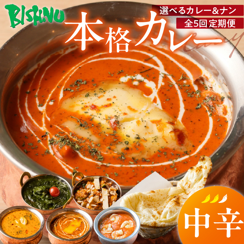 【中辛】【定期便5回】ビスヌ 本格カレー シェフのおすすめ定期便（毎月お届け）_定期便 5回 ビスヌ 本格 カレー チキン バターチキン 海老 豆 野菜 ほうれん草チキン ナン プレーン チーズ ガーリック パンプキンチーズ ほうれん草 中辛 できたて 真空パック 冷凍 福岡県 久留米市 送料無料_Tk039-02 中辛