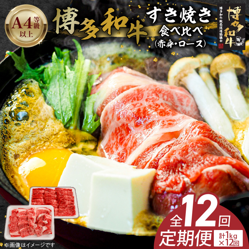 博多和牛赤身・ロースすき焼き食べ比べ　計1kg　12回定期便 _Tk058 12回定期便