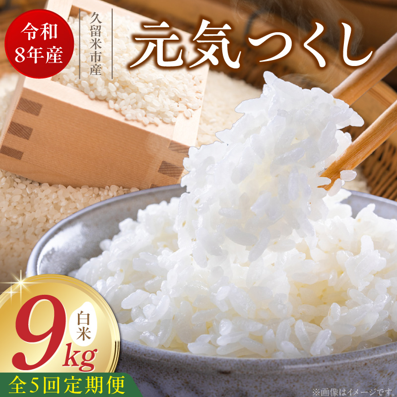 【定期便5回】【令和8年産 新米】福岡県産ブランド米元気つくし 白米 9kg×5回 _  元気つくし 9kg  お届け回数 5回 定期便 福岡県産 ブランド米 精米 新米 福岡生まれ 品種 香り豊か ふっくら 食感 ご飯 白ご飯 おにぎり 弁当 お米 食品 お取り寄せ 九州 久留米市産 福岡県 久留米市 送料無料 _Tk112-05 5回
