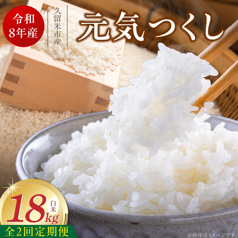 【定期便2回】【令和8年産 新米】福岡県産ブランド米元気つくし 白米 18kg×2回 _  元気つくし 18kg  お届け回数 2回 定期便 福岡県産 ブランド米 精米 新米 福岡生まれ 品種 香り豊か ふっくら 食感 ご飯 白ご飯 おにぎり 弁当 お米 食品 お取り寄せ 九州 久留米市産 福岡県 久留米市 送料無料 _Tk113-02 2回