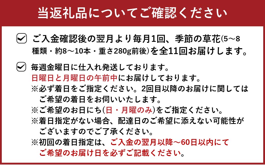 【定期便 11ヶ月】草花ノ定期便 Mサイズ 5～8種類 約8～10本