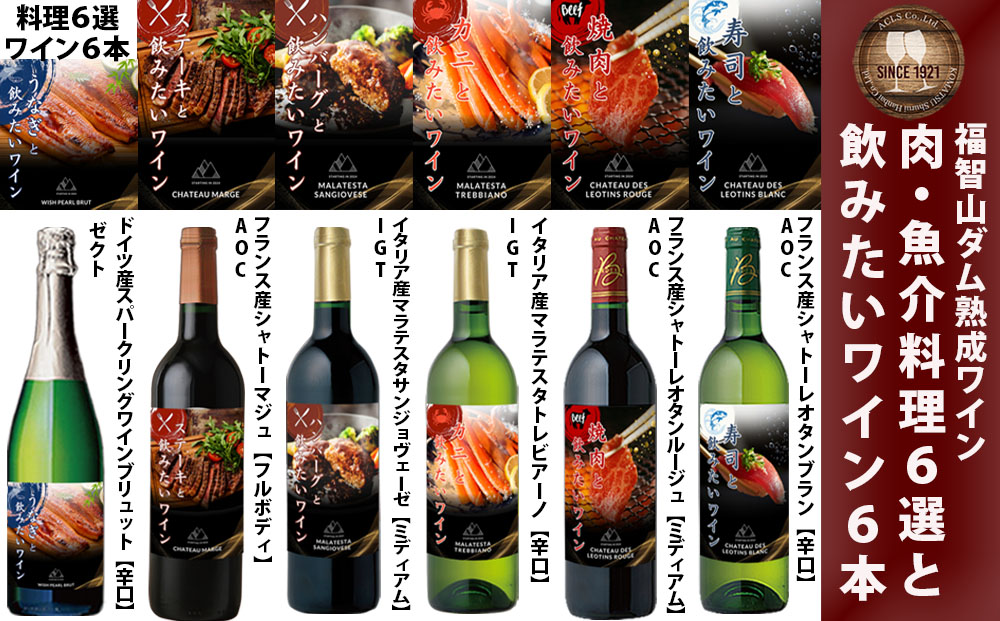 福智山ダム熟成 肉＆魚介料理6選と飲みたい赤＆白＆SPワイン 6本詰め合わせセット FD339 熟成ワイン ワイン 酒 お酒