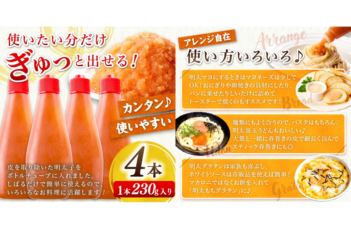 【A2-129】【訳あり】辛子明太子ばらこボトルチューブ 920g(230gx4本)