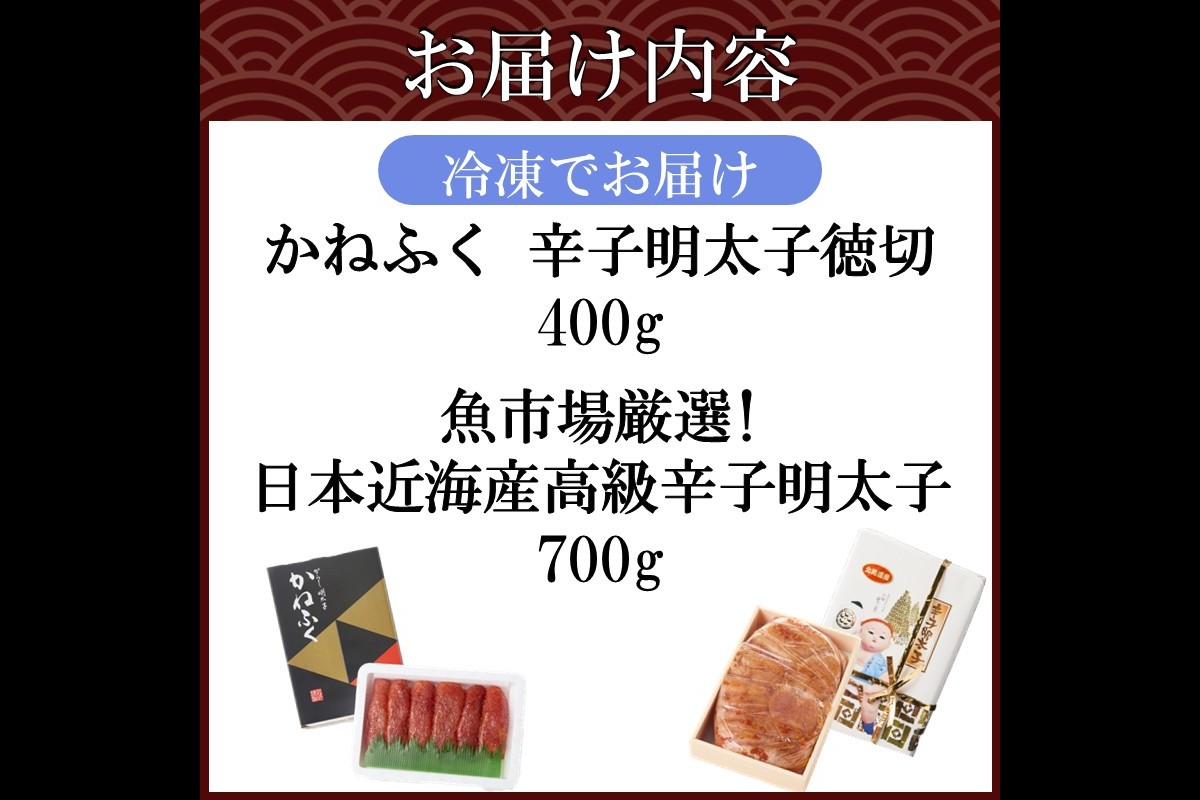 【D2-011】博多名物明太子食べ比べ【かねふく】辛子明太子 徳切 400g・【宮近】近海産辛子明太子700g