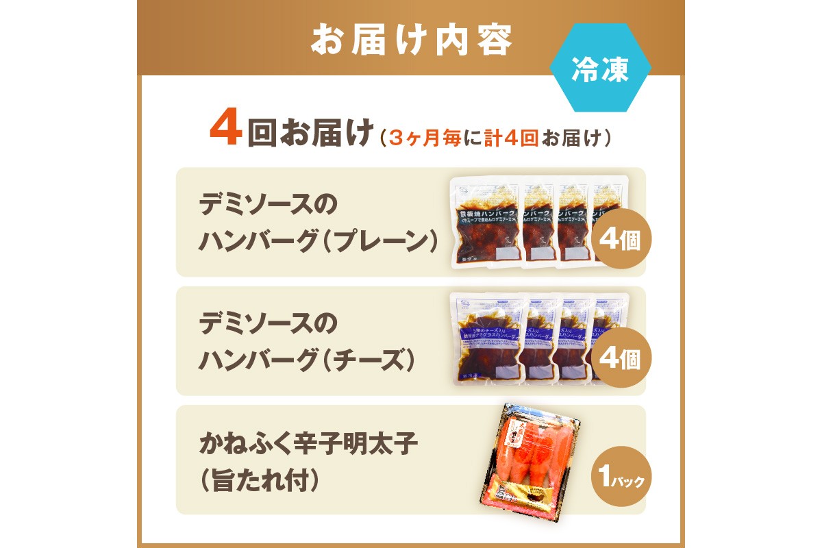 【F8-005】かねふく辛子明太子&デミソースのハンバーグ2種セット【3ヶ月毎定期便(計4回発送)】