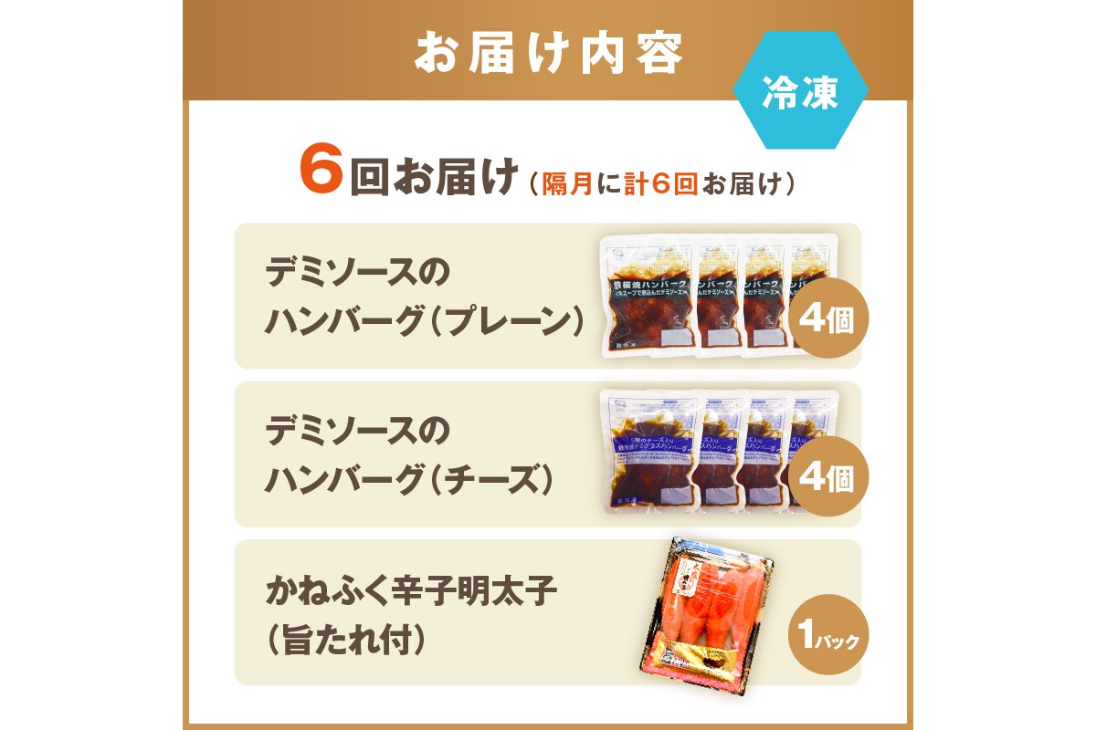 【J01-001】かねふく辛子明太子&デミソースのハンバーグ2種セット【隔月定期便(計6回発送)】