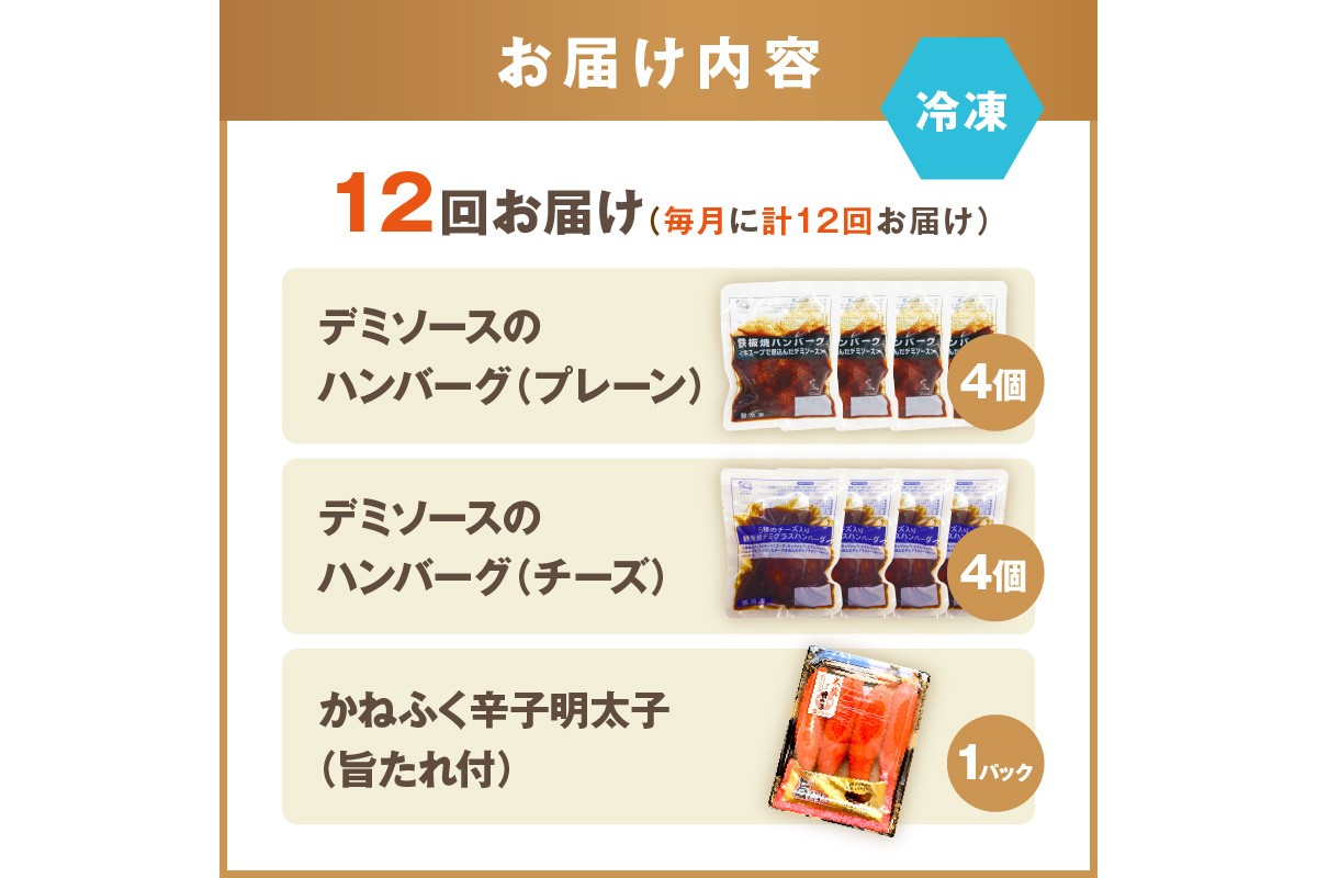 【K03-001】かねふく辛子明太子&デミソースのハンバーグ2種セット【毎月定期便(計12回発送)】