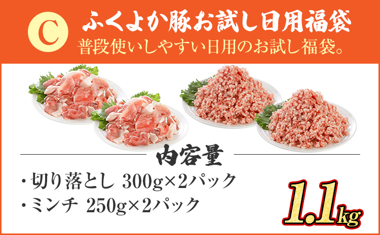 福袋 豚肉 切り落とし ミンチ 【C】ふくよか豚 お試し日用セット 小分け ブタ肉 ぶた肉 冷凍 福岡県 福岡 九州 グルメ お取り寄せ