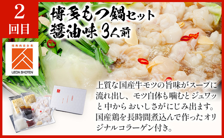  博多名物もつ鍋バラエティセット【隔月定期便（計3回発送）】 モツ鍋 もつ鍋セット モツ鍋セット もつなべ 醤油 しょうゆ ちゃんぽん 博多 専門店 3人前 4人前 福岡県 福岡 九州 グルメ お取り寄せ