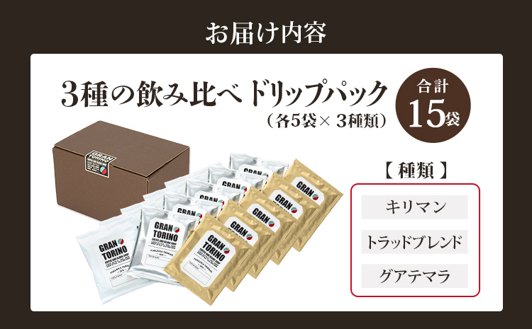 GRAN TORINO ドリップパック 3種類×5袋 （全15袋） キリマン トラッドブレンド グアテマラ 3種飲み比べ セット 自家焙煎 珈琲 ドリンク 飲料 福岡県 福岡 九州 お取り寄せ