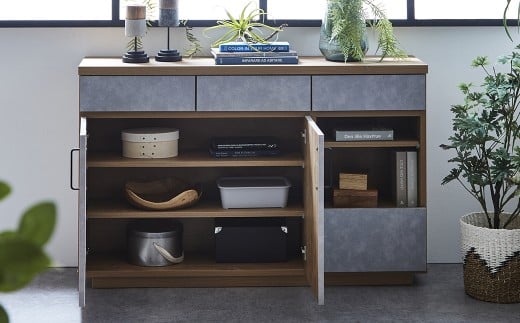 ハリーファ120キャビネット 収納棚 強化紙 フルオープン三段レール ナチュラル 木目 ストーン柄 北欧モダン リビング スリム 家具 インテリア 福岡県 柳川市 送料無料