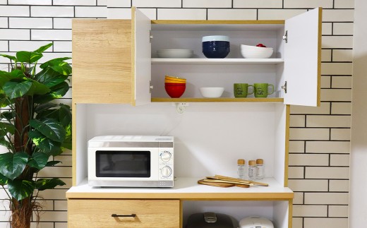 きざし120オープン NA・BR 棚 オープンボード キッチン収納 強化紙 ポリ板 モイス 木目調 ブラックスチールハンドル 食器 食品 2口コンセント レンジ ポット 炊飯器 シンプル 日本製 家具 インテリア 福岡県 柳川市 送料無料