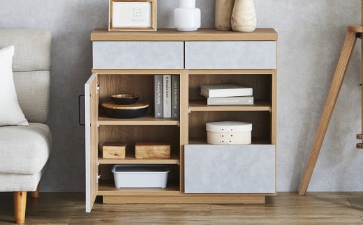 ハリーファ80キャビネット 収納棚 強化紙 フルオープン三段レール ナチュラル 木目 ストーン柄 北欧モダン リビング スリム 家具 インテリア 福岡県 柳川市 送料無料