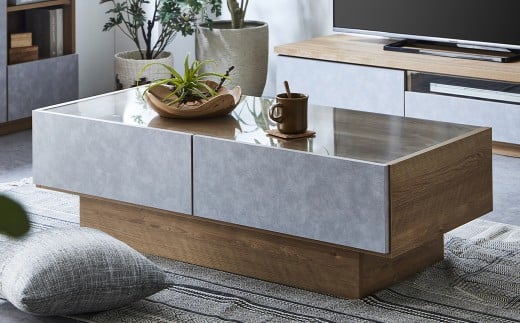 ハリーファ120センターテーブル 机 引出し収納 大容量 強化紙 フルオープン三段レール ガラス天板 ストーン柄 北欧モダン ナチュラルモダン リビング スタイリッシュ 家具 インテリア 福岡県 柳川市 送料無料