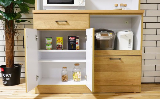 きざし120オープン NA・BR 棚 オープンボード キッチン収納 強化紙 ポリ板 モイス 木目調 ブラックスチールハンドル 食器 食品 2口コンセント レンジ ポット 炊飯器 シンプル 日本製 家具 インテリア 福岡県 柳川市 送料無料