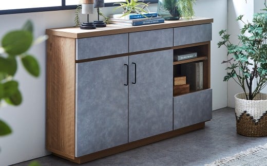 ハリーファ120キャビネット 収納棚 強化紙 フルオープン三段レール ナチュラル 木目 ストーン柄 北欧モダン リビング スリム 家具 インテリア 福岡県 柳川市 送料無料