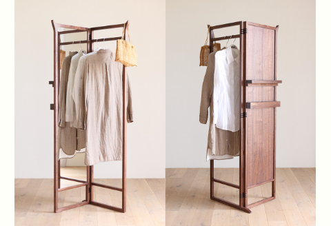 天然木ハンガー、コートハンガー、ミラー、姿見、伝統工法/ウォールナット材またはオーク材【HIRASHIMA SPAGO Hanger Rack 042】受注生産