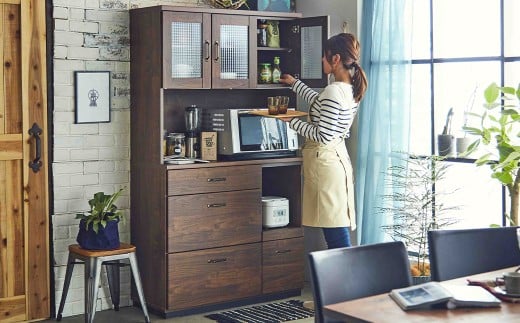 レトロ105オープンボード 引出し収納 強化紙 クロスペンガラス フルオープン三段レール フルスライドレール スチール製取手 木目調シート 高さ調節可能棚 食器棚 キッチン収納 家具 インテリア 福岡県 柳川市 送料無料