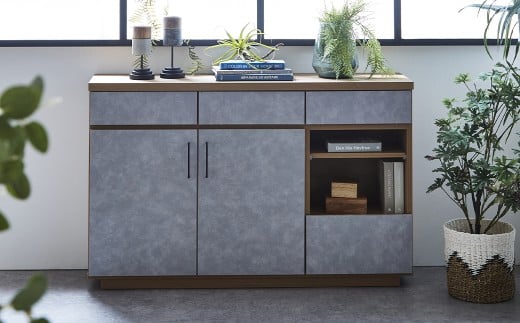 ハリーファ120キャビネット 収納棚 強化紙 フルオープン三段レール ナチュラル 木目 ストーン柄 北欧モダン リビング スリム 家具 インテリア 福岡県 柳川市 送料無料