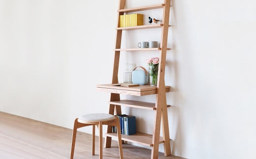 【受注生産】引き出し付き シェルフ デスク と 天然木の スツール 。HIRASHIMA SCALA Desk 070 & AGILE Stool(張地ファブリック) 2set