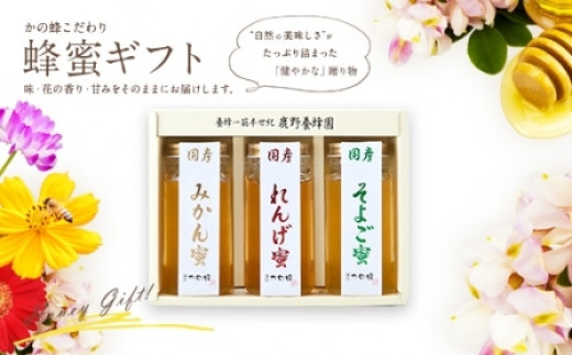 ＜国産＞かの蜂 蜂蜜3本セット【250g×3本】れんげ・みかん・そよご蜂蜜  蜂蜜 はちみつ ハチミツ 国産 みかん れんげ そよご 誕生日 贈り物 プレゼント ギフト 常温 保存 備蓄 防災食 非常食 保存食 防災グッズ
