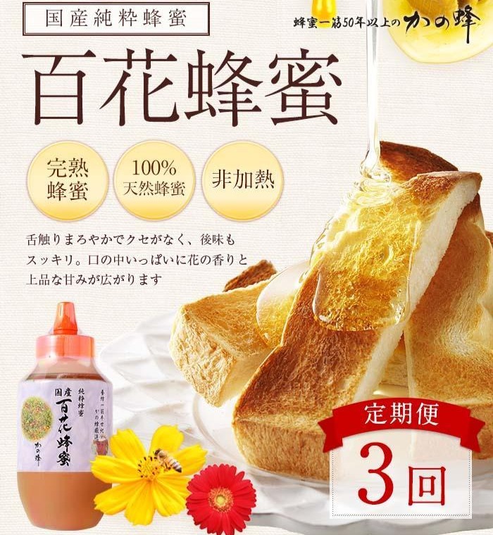 【全3回】 定期便 かの蜂 国産 百花蜂蜜 合計3kg（とんがり容器1kgを毎月1本お届け） 純粋はちみつ ハチミツ 非加熱 ハニー 大容量 国産 健康食品 栄養豊富 蜂蜜 とんがり容器